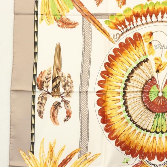HERMES Carre 90 Scarf ""BRAZIL"" Silk Beige Auth am9005 - Picture 10 of 14